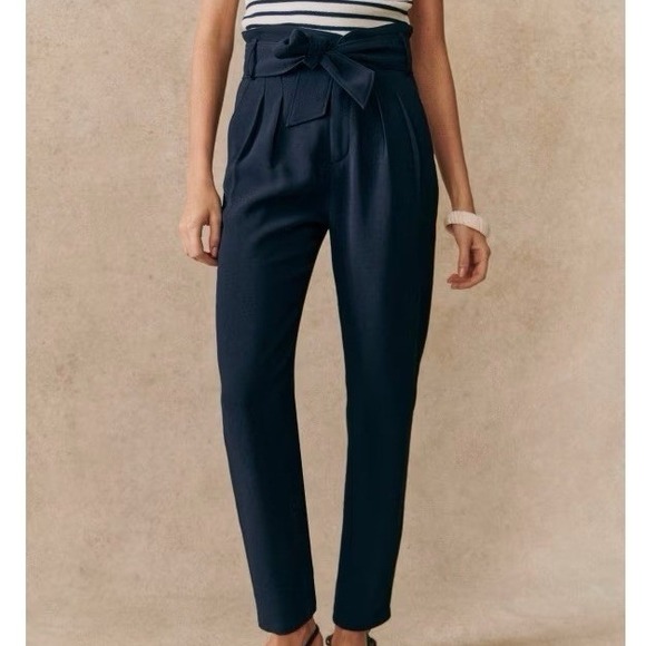 Sezane Austin Trousers Size 6 Medium / 38 Navy Blue Ankle Belt Bow Pants Paris M - Picture 1 of 12